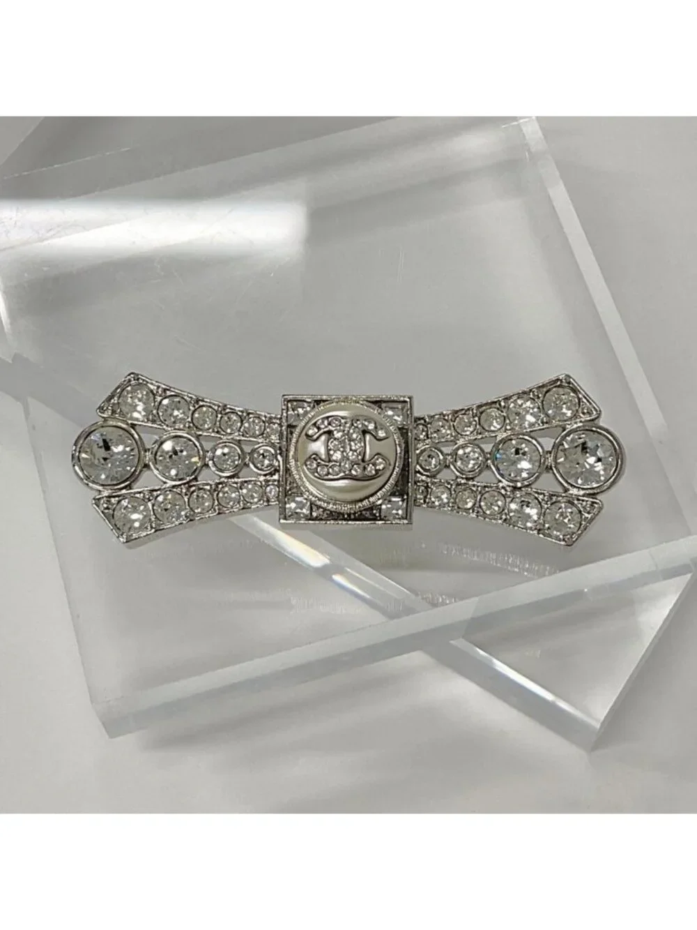 Chanel Brooch Coco Mark Rhinestone Ribbon Pearl Silver